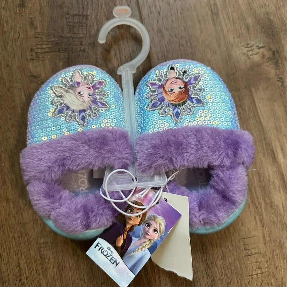 NEW!! Disney Frozen Slippers, Toddler Girl's, Non-Slip, Sparkle, Faux Fur, 5/6